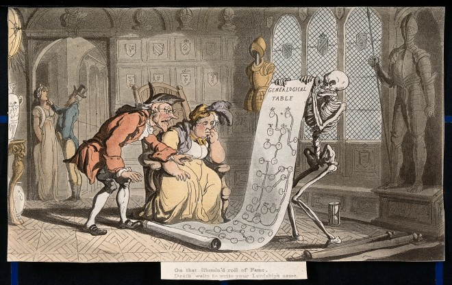V0041992 The dance of death: the genealogist. Coloured aquatint by T.